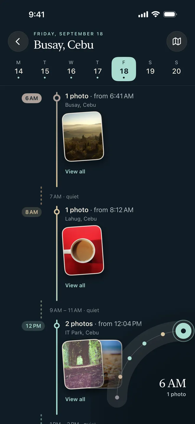 A photo timeline arranged from morning to evening