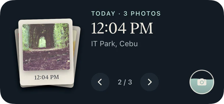 Photide widget showing an instant print, the time and a capture button